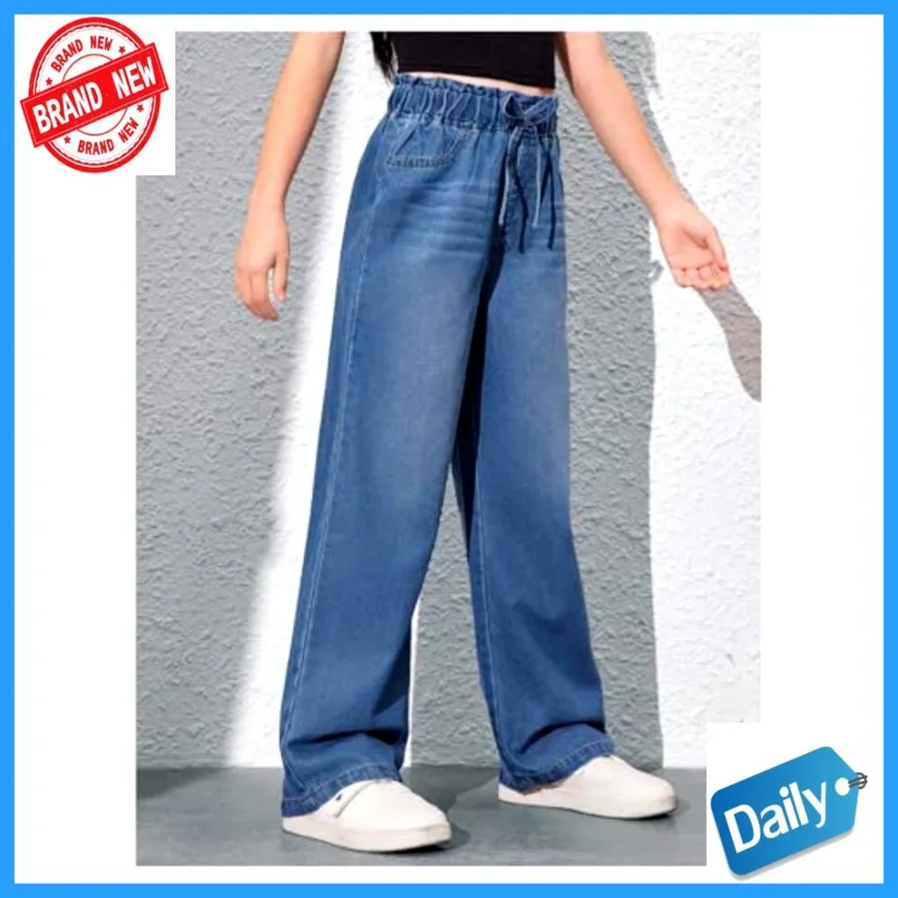 Girls Baggy Wide Leg Jeans High Elastic Waist Straight Leg Denim Pants